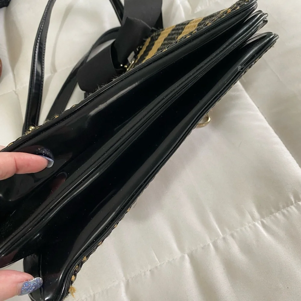 kate spade Black and Tan Striped Straw Tote with Black Bow